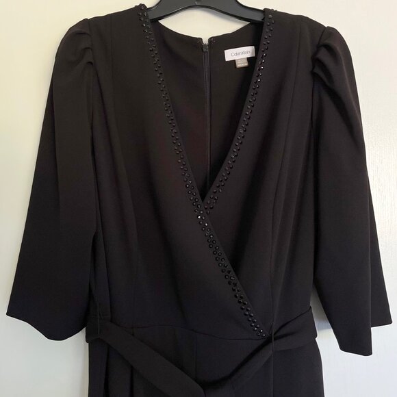 Calvin Klein Women's Black Surplice V Neck Rhinestone Jumpsuit Plus Sleeves 14W - Picture 5 of 16